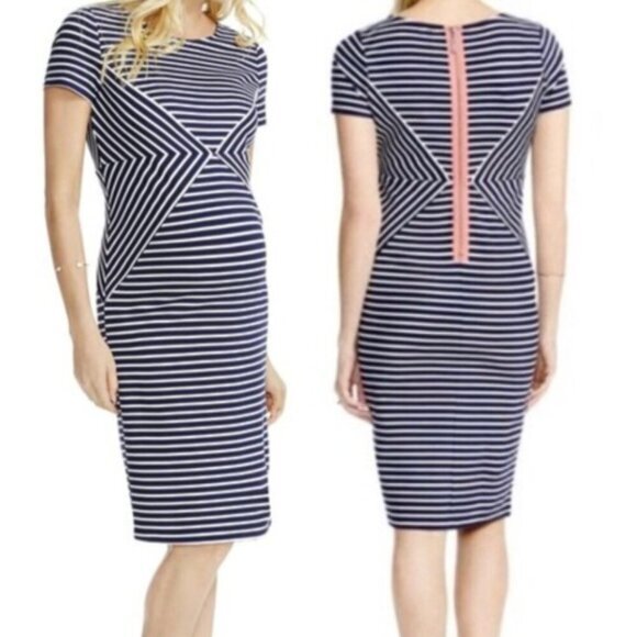 JESSICA SIMPSON MATERNITY Navy Blue White Stripe Coral Zipper Sheath Dress Large - Picture 1 of 12